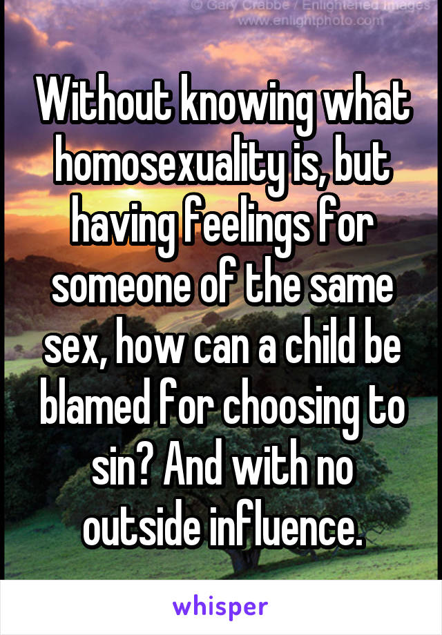 Without knowing what homosexuality is, but having feelings for someone of the same sex, how can a child be blamed for choosing to sin? And with no outside influence.