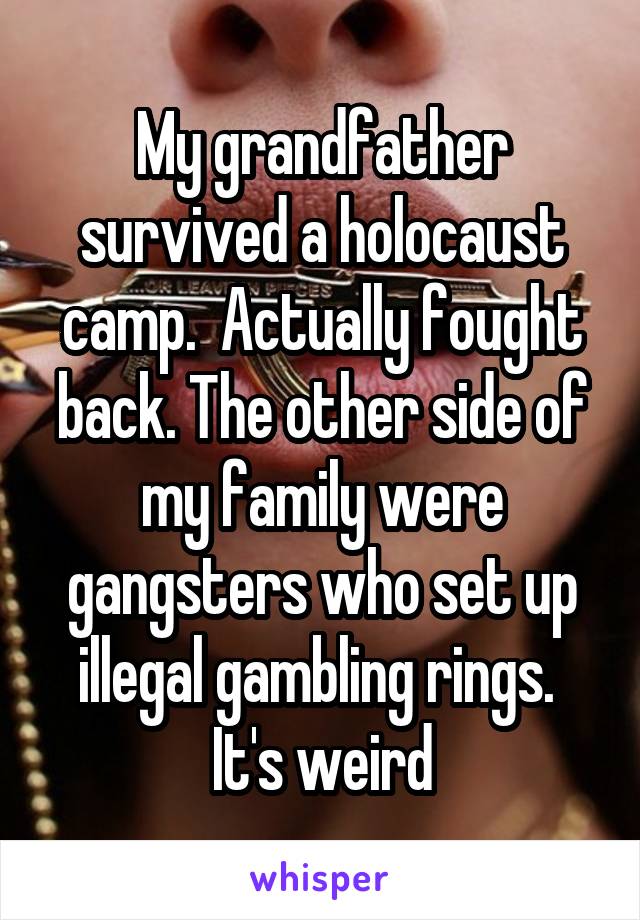 My grandfather survived a holocaust camp.  Actually fought back. The other side of my family were gangsters who set up illegal gambling rings.  It's weird