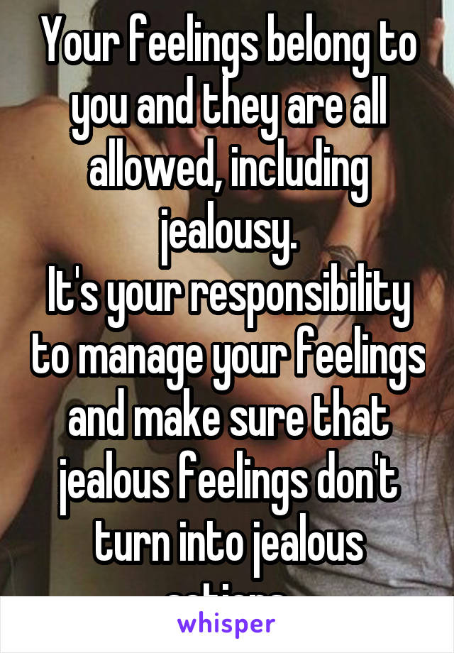 Your feelings belong to you and they are all allowed, including jealousy.
It's your responsibility to manage your feelings and make sure that jealous feelings don't turn into jealous actions.