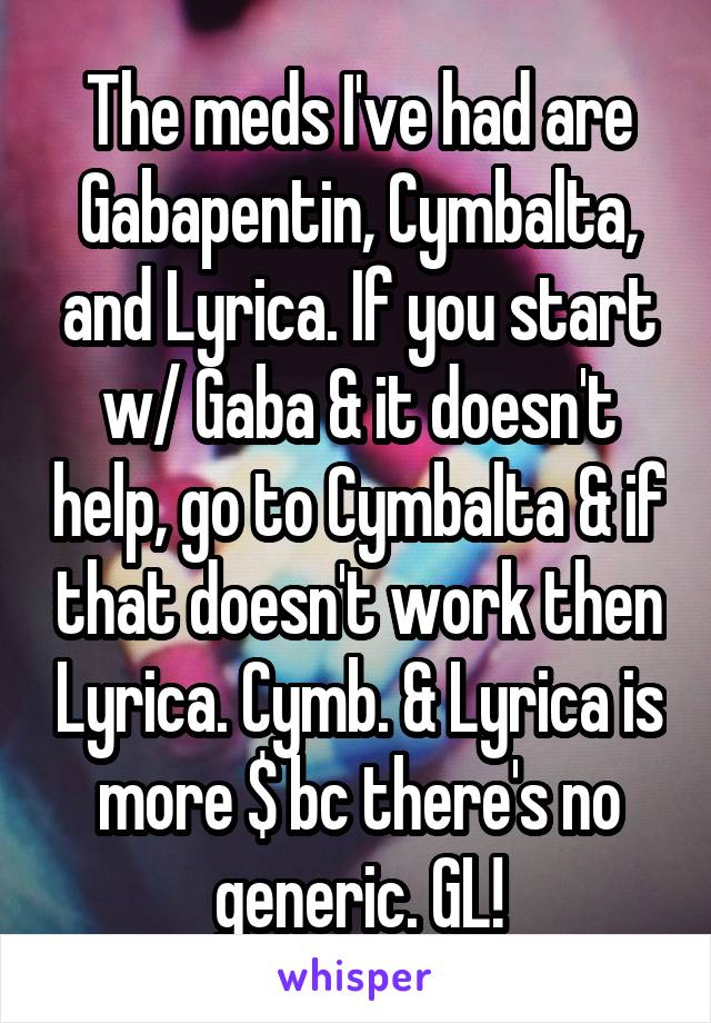 The meds I've had are Gabapentin, Cymbalta, and Lyrica. If you start w/ Gaba & it doesn't help, go to Cymbalta & if that doesn't work then Lyrica. Cymb. & Lyrica is more $ bc there's no generic. GL!