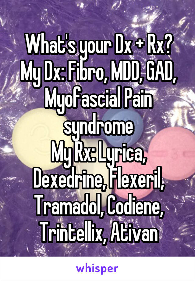 What's your Dx + Rx?
My Dx: Fibro, MDD, GAD, Myofascial Pain syndrome
My Rx: Lyrica, Dexedrine, Flexeril, Tramadol, Codiene, Trintellix, Ativan