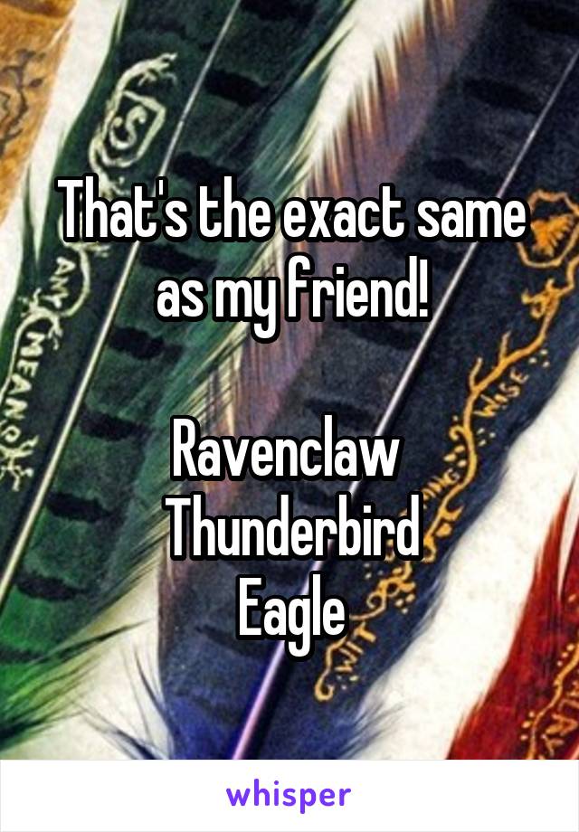 That's the exact same as my friend!

Ravenclaw 
Thunderbird
Eagle