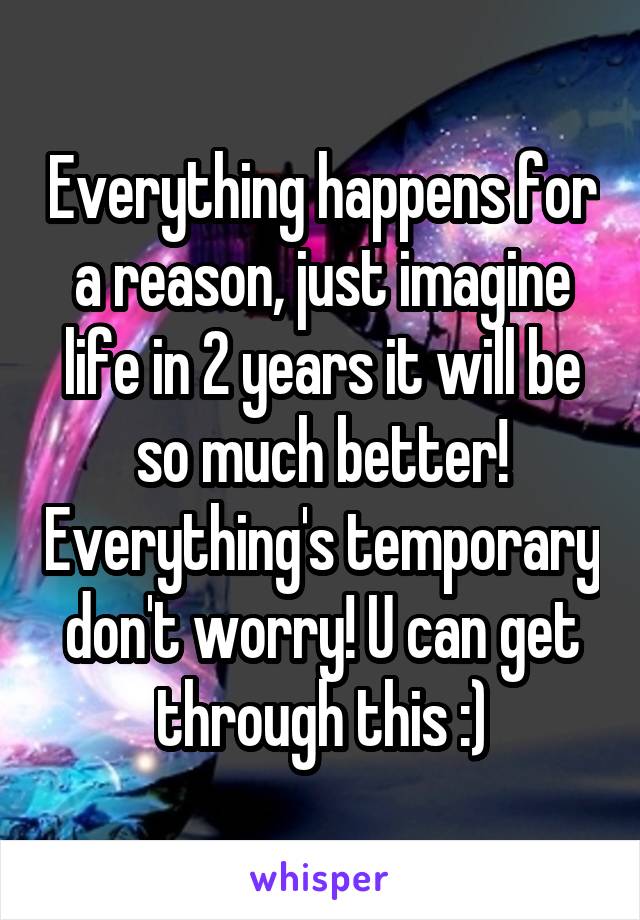 Everything happens for a reason, just imagine life in 2 years it will be so much better! Everything's temporary don't worry! U can get through this :)