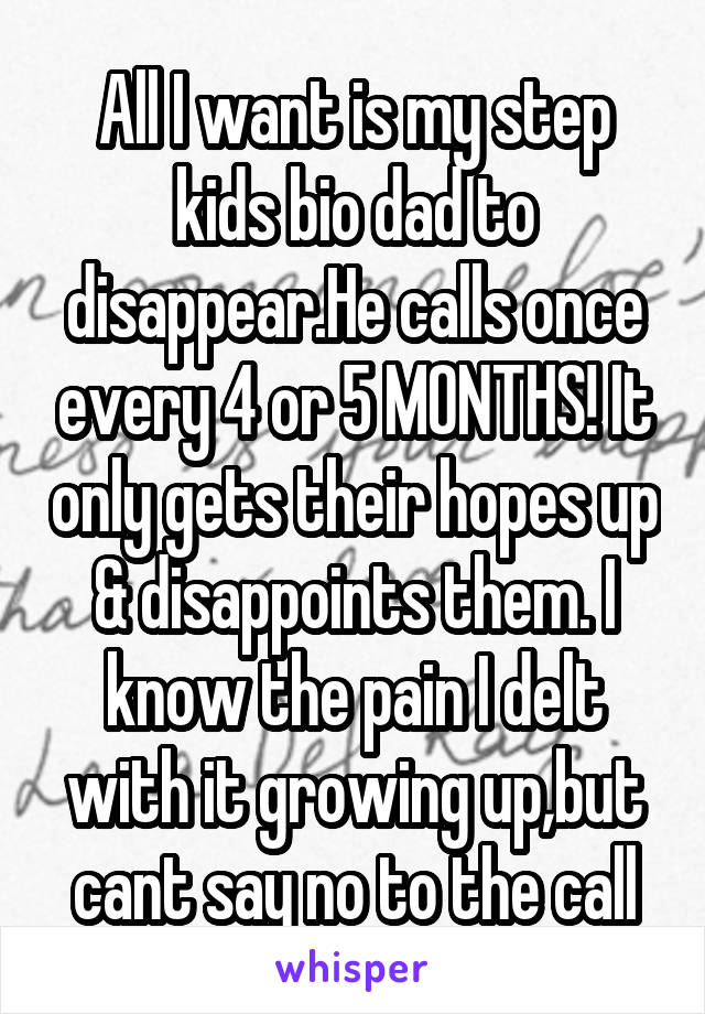 All I want is my step kids bio dad to disappear.He calls once every 4 or 5 MONTHS! It only gets their hopes up & disappoints them. I know the pain I delt with it growing up,but cant say no to the call