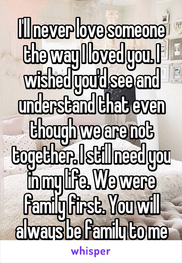 I'll never love someone the way I loved you. I wished you'd see and understand that even though we are not together. I still need you in my life. We were family first. You will always be family to me