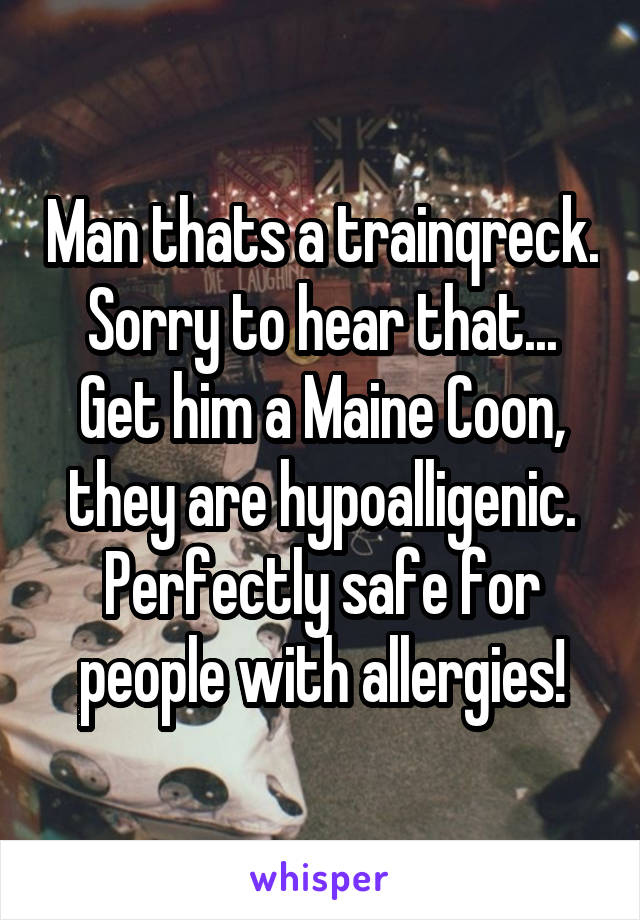 Man thats a trainqreck. Sorry to hear that... Get him a Maine Coon, they are hypoalligenic. Perfectly safe for people with allergies!
