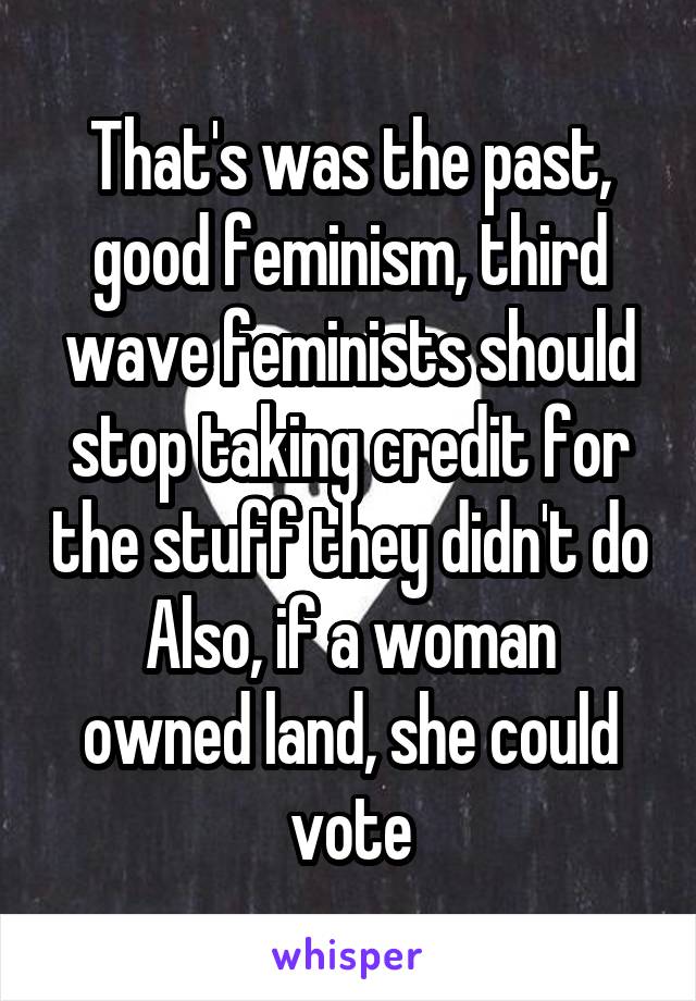 That's was the past, good feminism, third wave feminists should stop taking credit for the stuff they didn't do
Also, if a woman owned land, she could vote