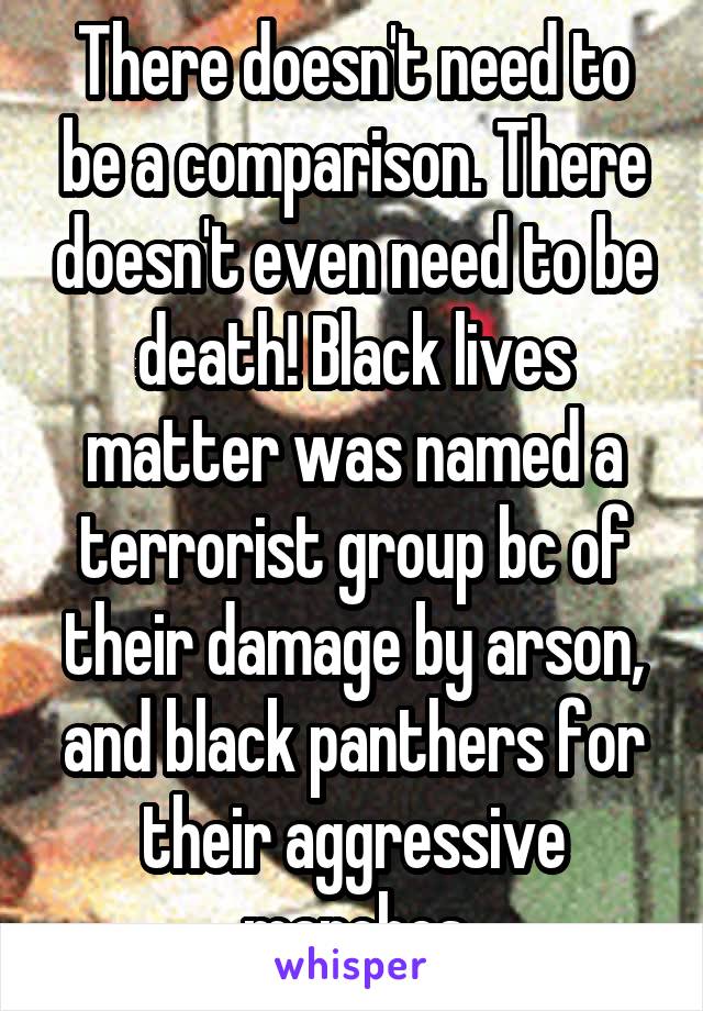 There doesn't need to be a comparison. There doesn't even need to be death! Black lives matter was named a terrorist group bc of their damage by arson, and black panthers for their aggressive marches