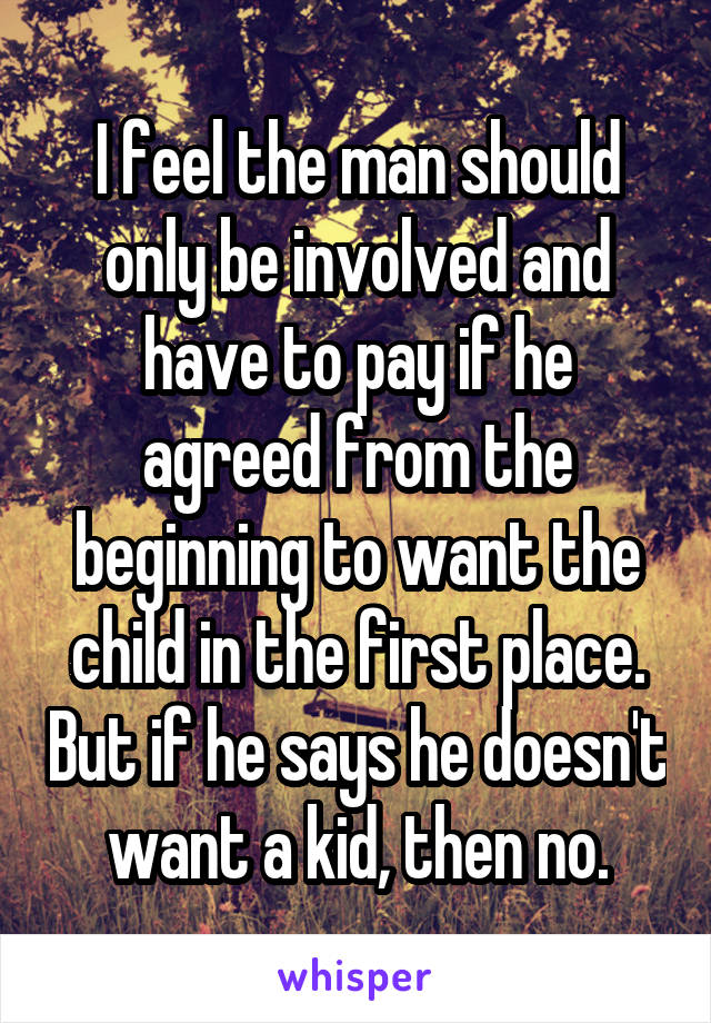 I feel the man should only be involved and have to pay if he agreed from the beginning to want the child in the first place. But if he says he doesn't want a kid, then no.