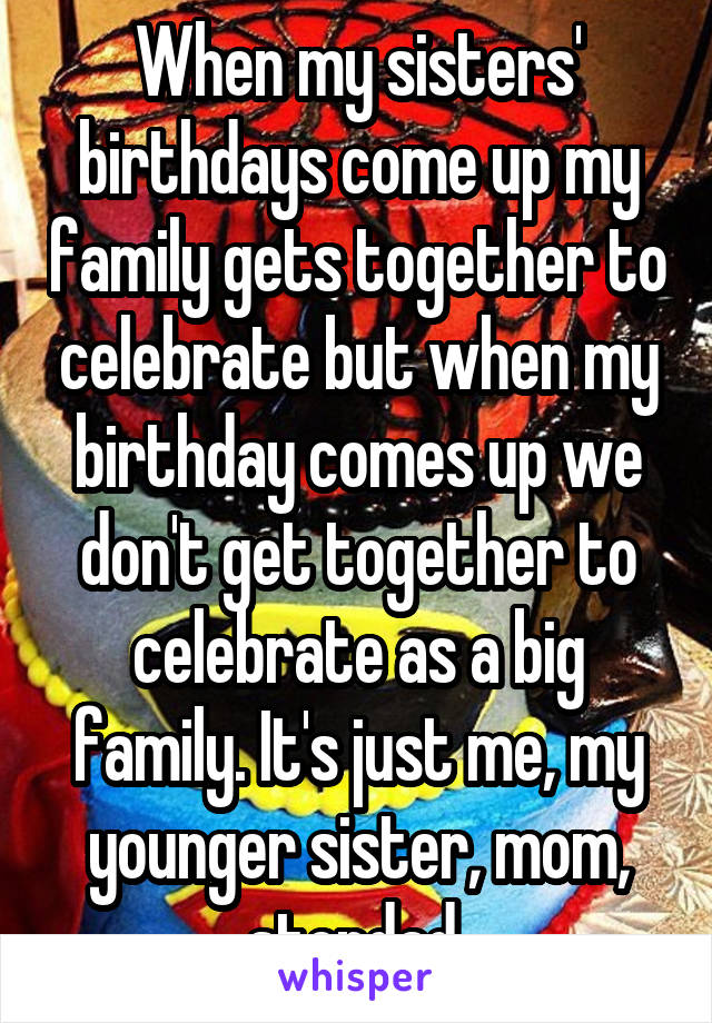 When my sisters' birthdays come up my family gets together to celebrate but when my birthday comes up we don't get together to celebrate as a big family. It's just me, my younger sister, mom, stepdad 