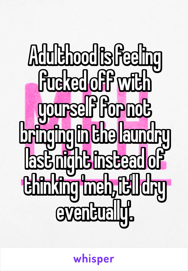 Adulthood is feeling fucked off with yourself for not bringing in the laundry last night instead of thinking 'meh, it'll dry eventually'.