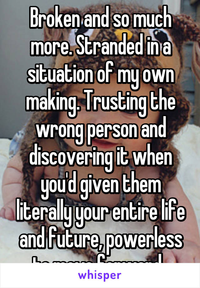 Broken and so much more. Stranded in a situation of my own making. Trusting the wrong person and discovering it when you'd given them literally your entire life and future, powerless to move forward. 