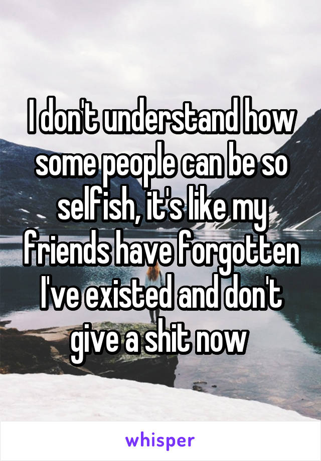 I don't understand how some people can be so selfish, it's like my friends have forgotten I've existed and don't give a shit now 