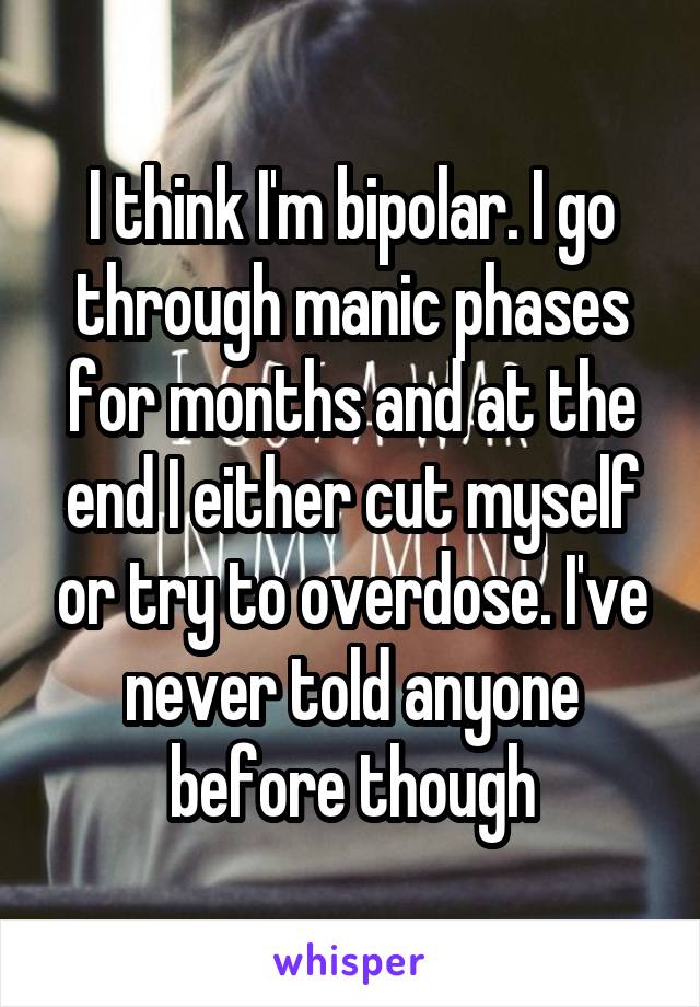 I think I'm bipolar. I go through manic phases for months and at the end I either cut myself or try to overdose. I've never told anyone before though