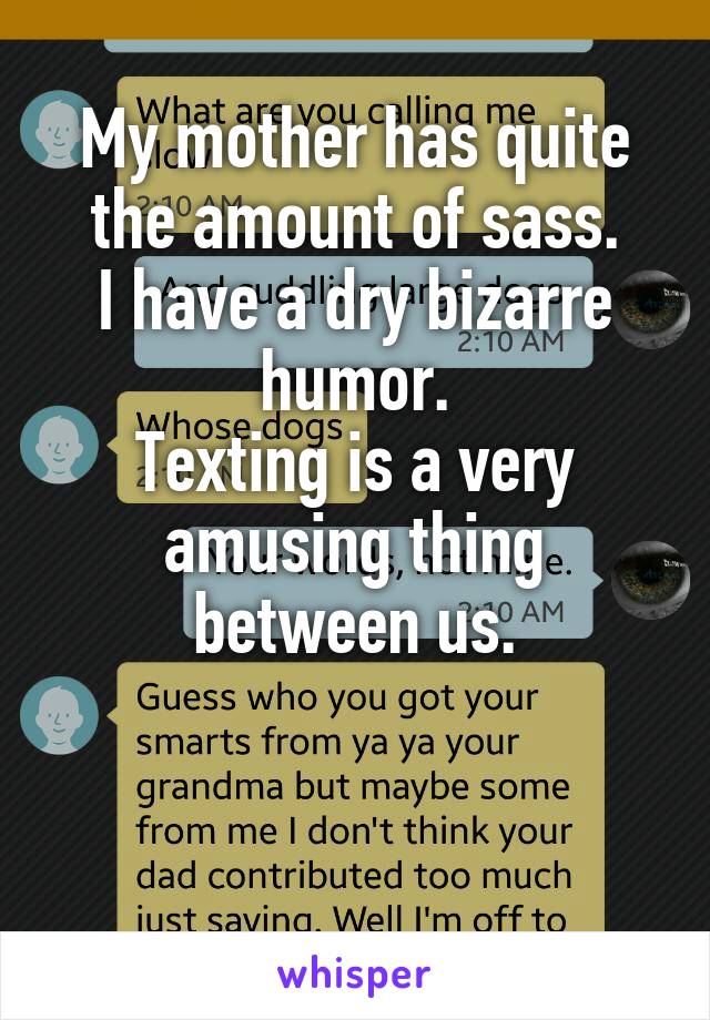 My mother has quite the amount of sass.
I have a dry bizarre humor.
Texting is a very amusing thing between us.


