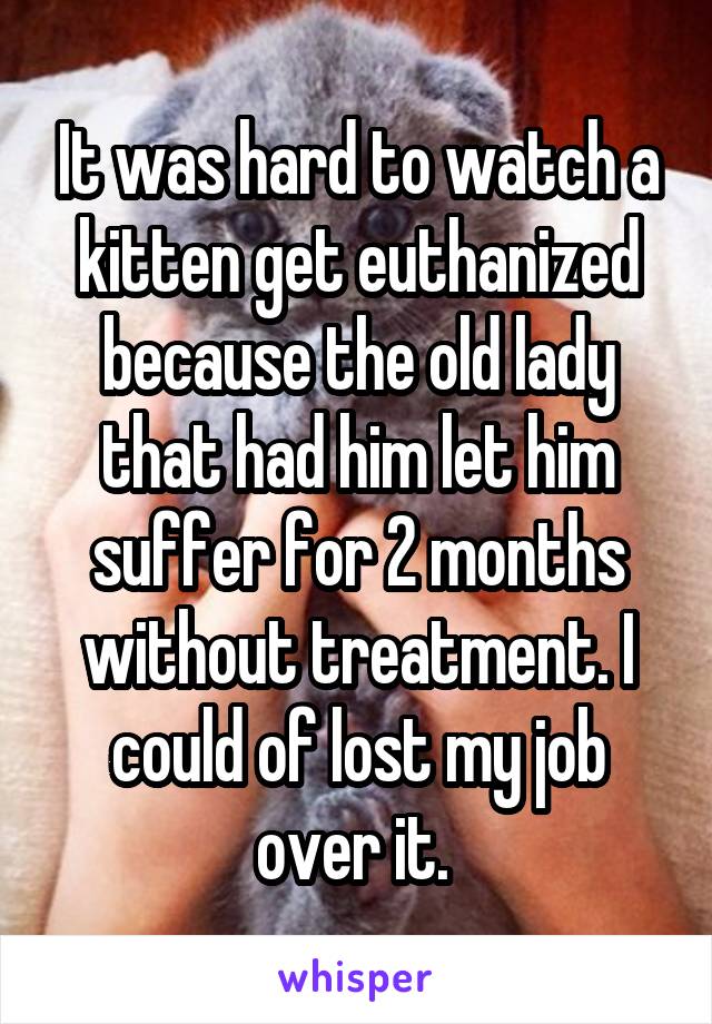 It was hard to watch a kitten get euthanized because the old lady that had him let him suffer for 2 months without treatment. I could of lost my job over it. 