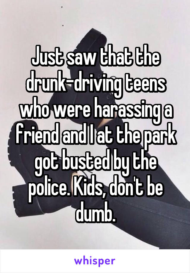 Just saw that the drunk-driving teens who were harassing a friend and I at the park got busted by the police. Kids, don't be dumb.