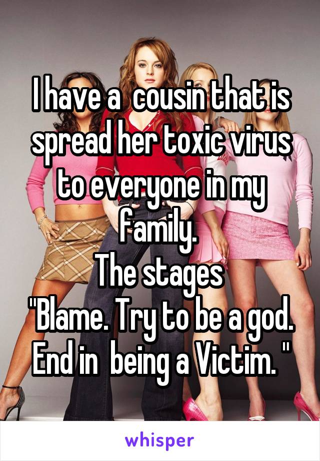 I have a  cousin that is spread her toxic virus to everyone in my family. 
The stages 
"Blame. Try to be a god. End in  being a Victim. "