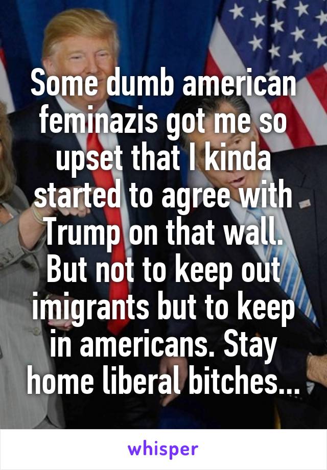 Some dumb american feminazis got me so upset that I kinda started to agree with Trump on that wall. But not to keep out imigrants but to keep in americans. Stay home liberal bitches...