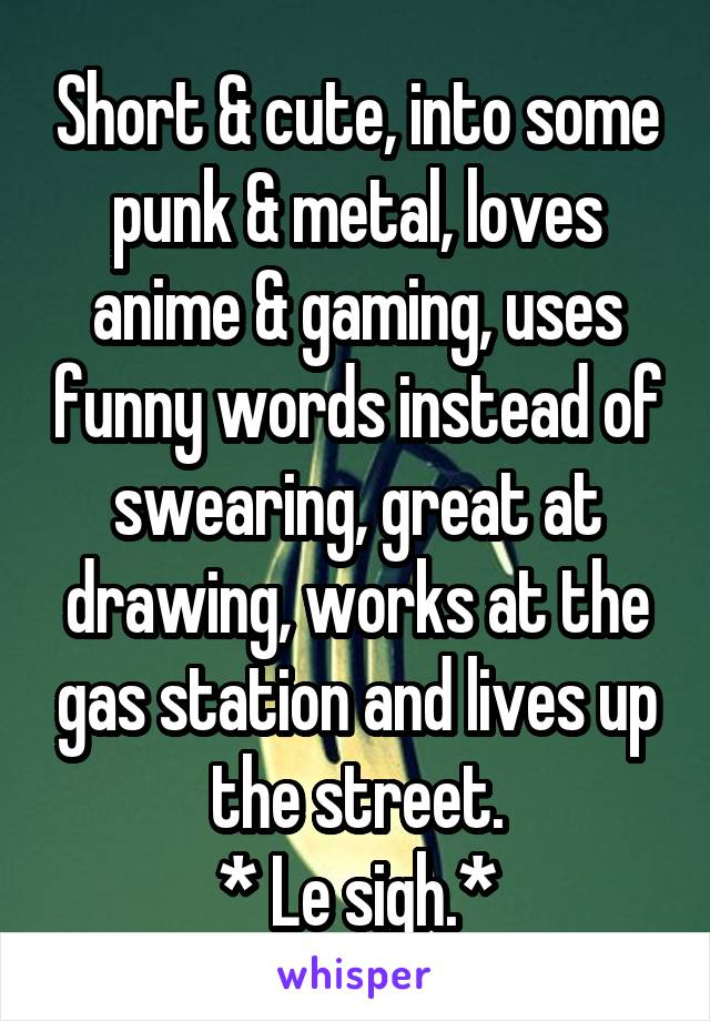 Short & cute, into some punk & metal, loves anime & gaming, uses funny words instead of swearing, great at drawing, works at the gas station and lives up the street.
* Le sigh.*