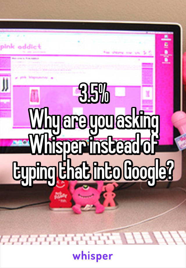 3.5%
Why are you asking Whisper instead of typing that into Google?