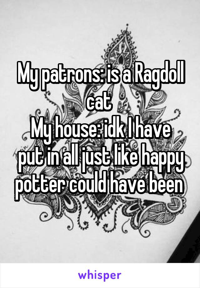 My patrons: is a Ragdoll cat 
My house: idk I have put in all just like happy potter could have been 
