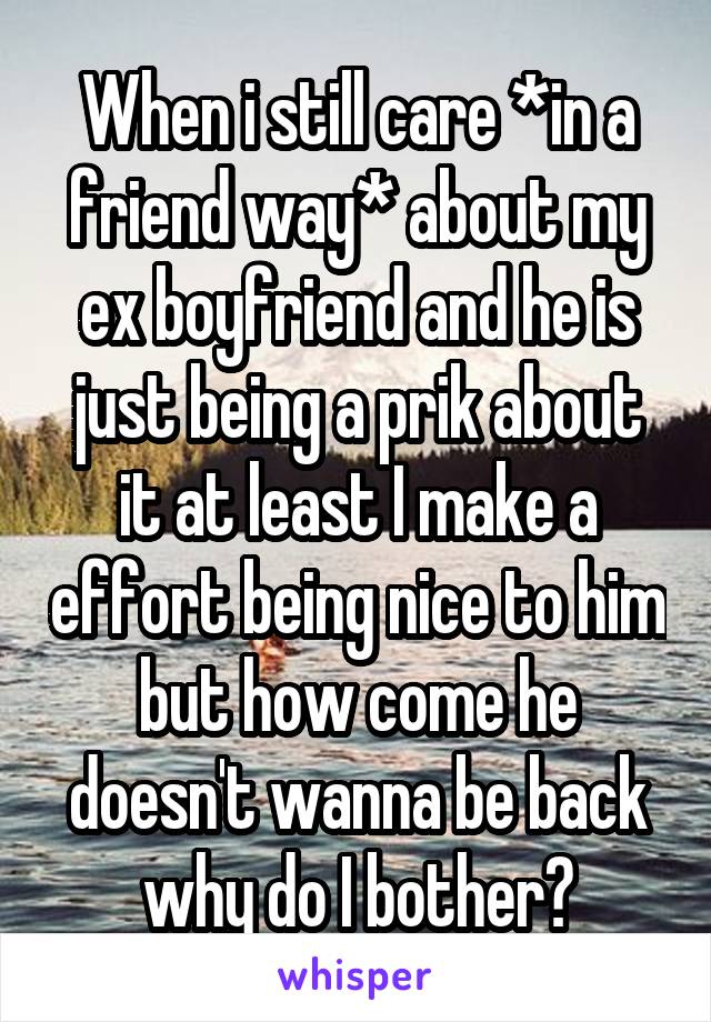 When i still care *in a friend way* about my ex boyfriend and he is just being a prik about it at least I make a effort being nice to him but how come he doesn't wanna be back why do I bother?