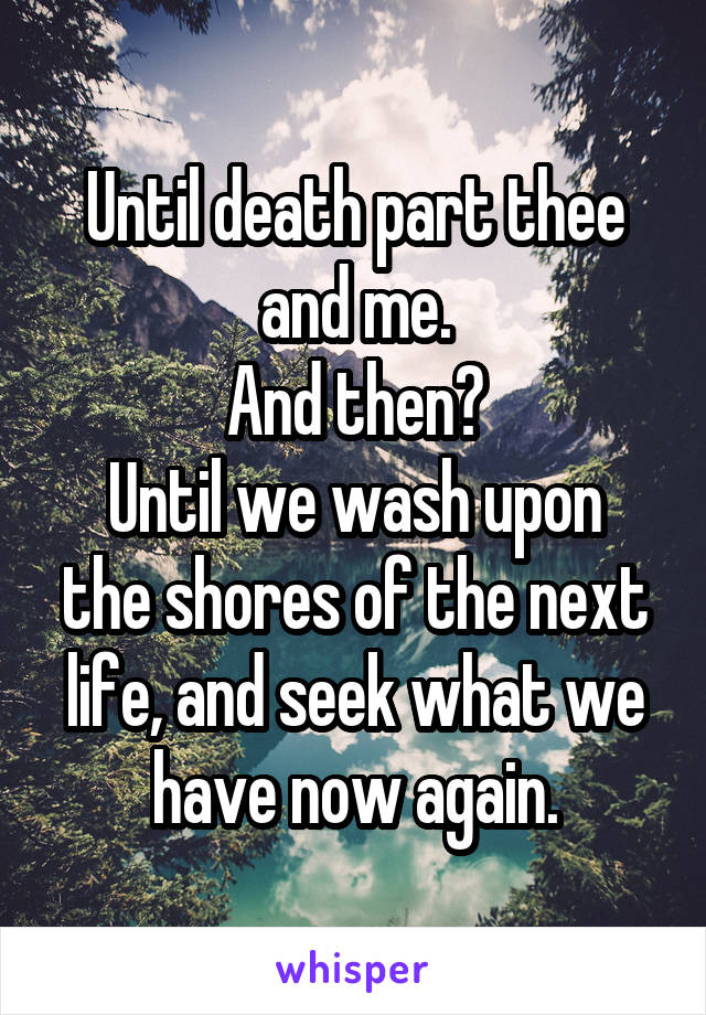 Until death part thee and me.
And then?
Until we wash upon the shores of the next life, and seek what we have now again.