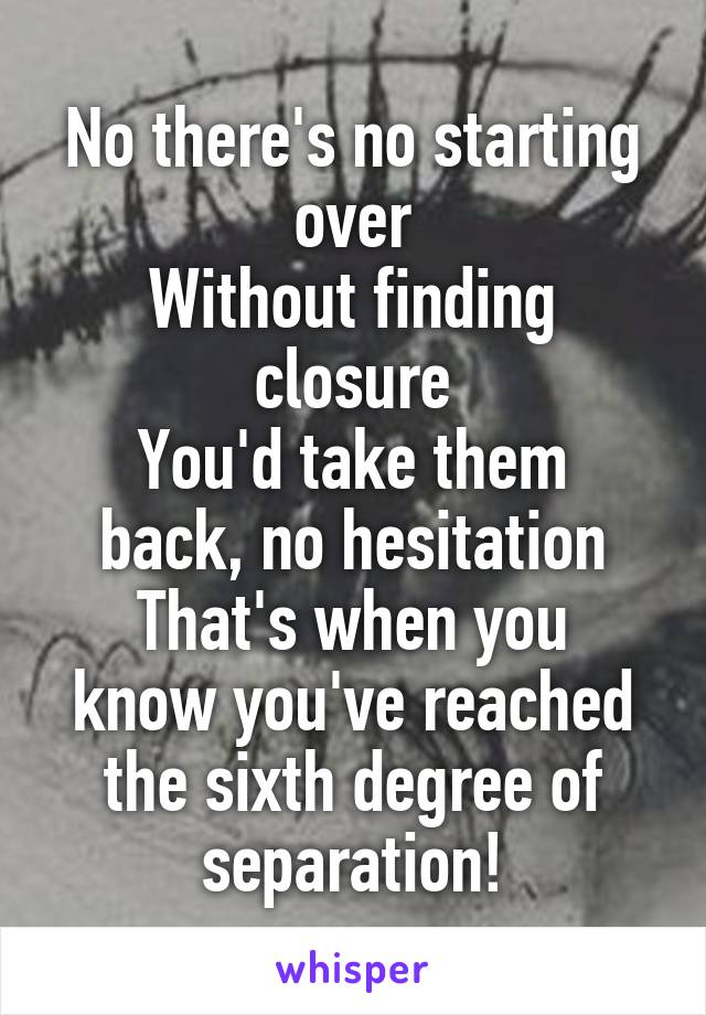 No there's no starting over
Without finding closure
You'd take them back, no hesitation
That's when you know you've reached the sixth degree of separation!