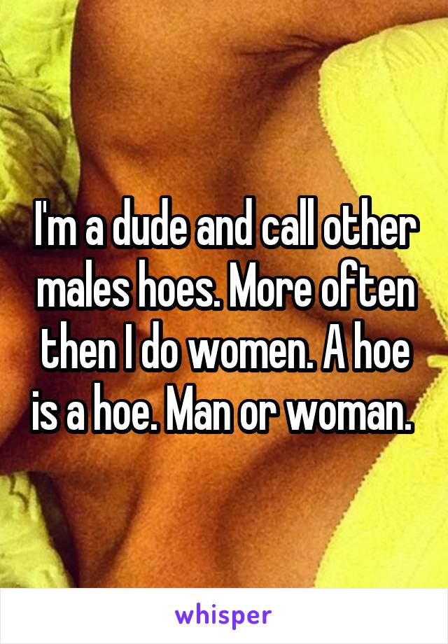 I'm a dude and call other males hoes. More often then I do women. A hoe is a hoe. Man or woman. 