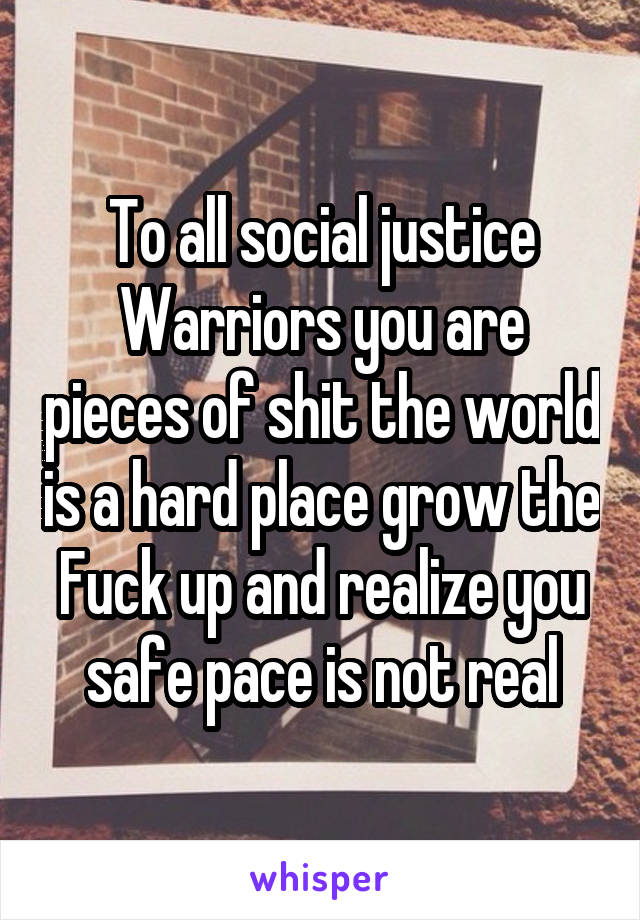 To all social justice Warriors you are pieces of shit the world is a hard place grow the Fuck up and realize you safe pace is not real