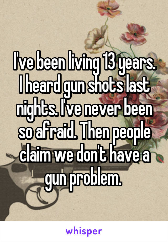 I've been living 13 years. I heard gun shots last nights. I've never been so afraid. Then people claim we don't have a gun problem. 