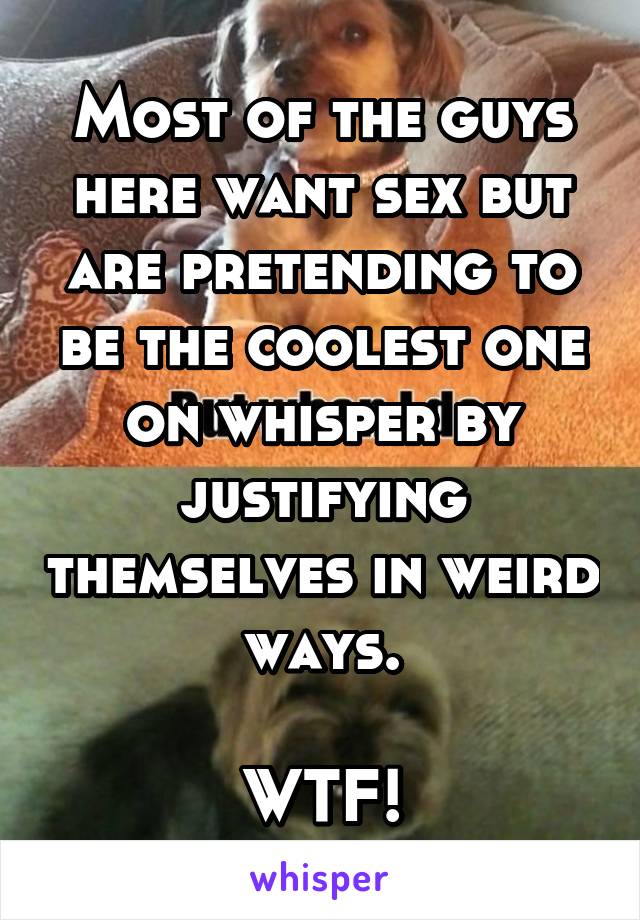 Most of the guys here want sex but are pretending to be the coolest one on whisper by justifying themselves in weird ways.

WTF!