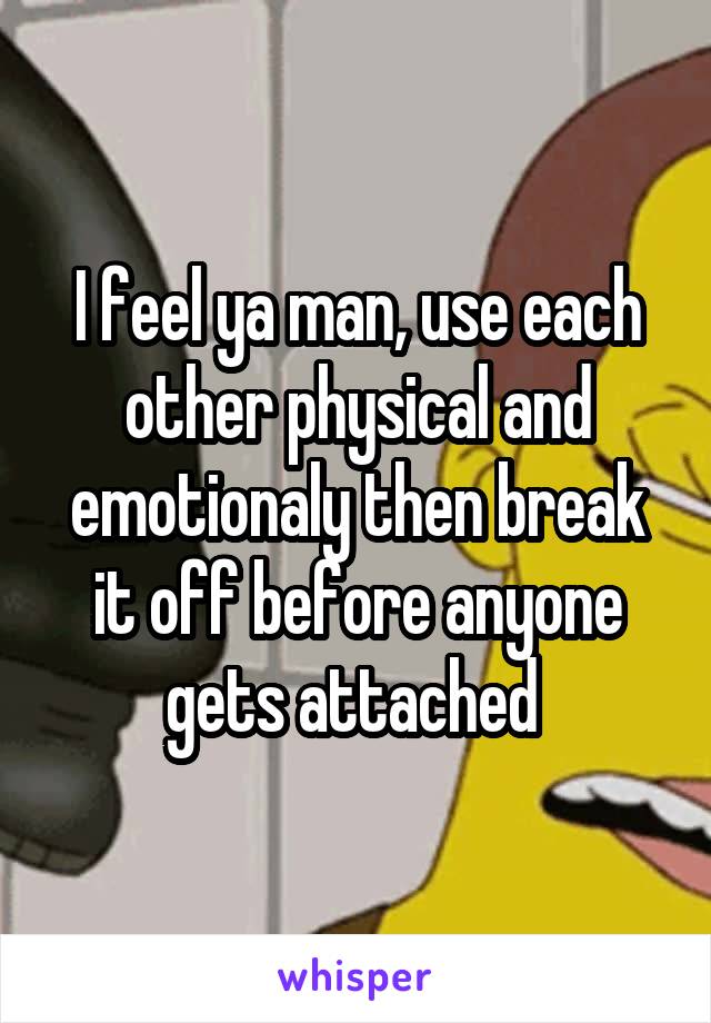 I feel ya man, use each other physical and emotionaly then break it off before anyone gets attached 