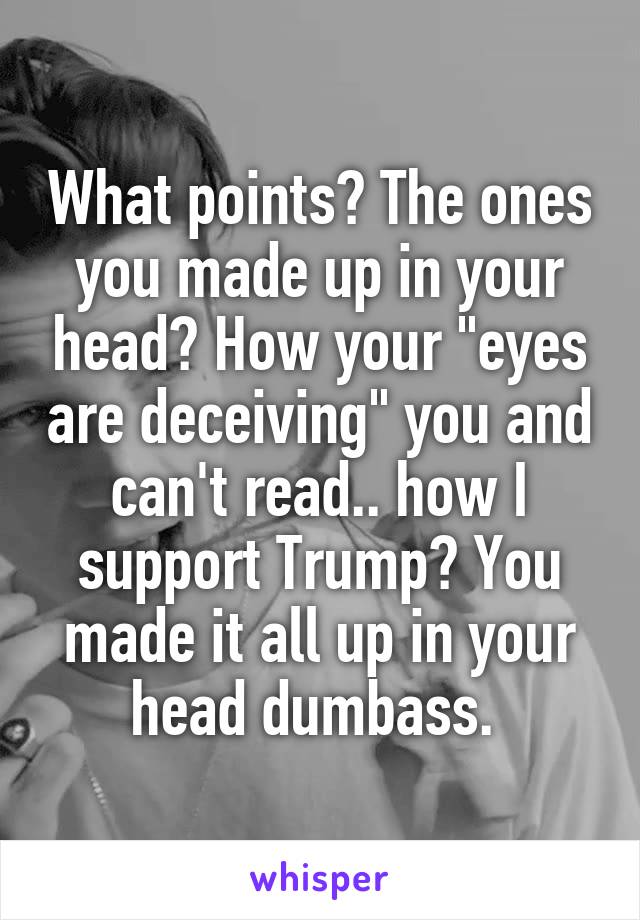 What points? The ones you made up in your head? How your "eyes are deceiving" you and can't read.. how I support Trump? You made it all up in your head dumbass. 