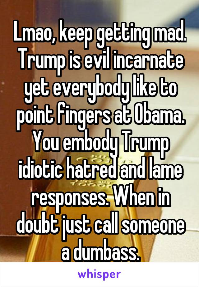 Lmao, keep getting mad. Trump is evil incarnate yet everybody like to point fingers at Obama. You embody Trump idiotic hatred and lame responses. When in doubt just call someone a dumbass.