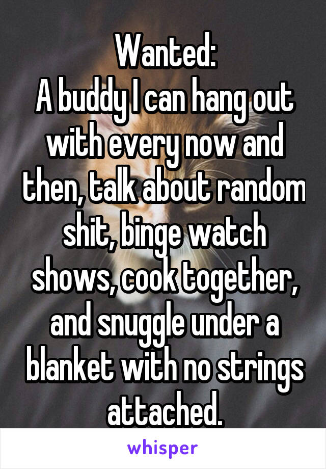 Wanted:
A buddy I can hang out with every now and then, talk about random shit, binge watch shows, cook together, and snuggle under a blanket with no strings attached.