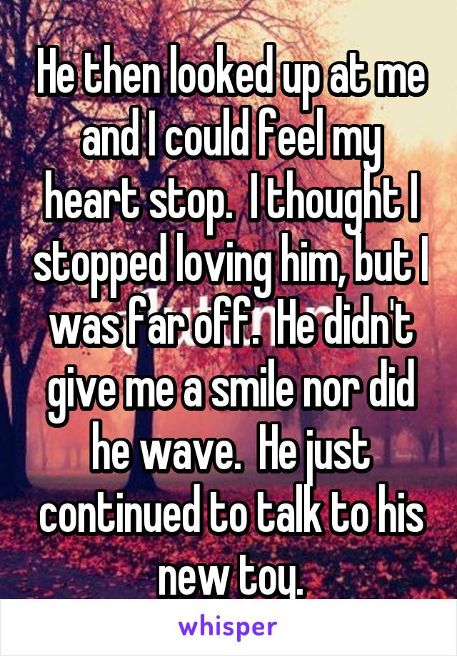 He then looked up at me and I could feel my heart stop.  I thought I stopped loving him, but I was far off.  He didn't give me a smile nor did he wave.  He just continued to talk to his new toy.