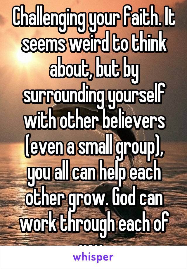 Challenging your faith. It seems weird to think about, but by surrounding yourself with other believers (even a small group), you all can help each other grow. God can work through each of you  