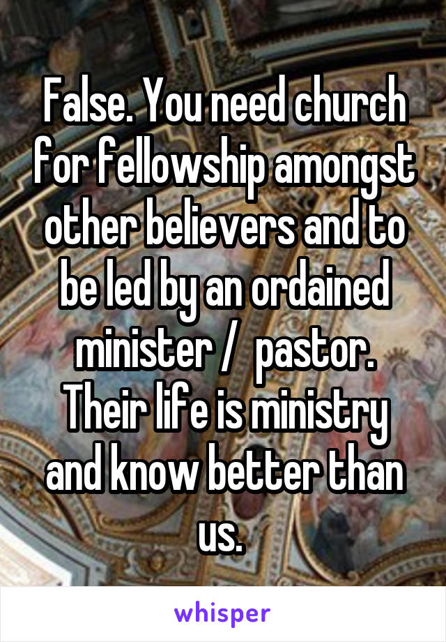 False. You need church for fellowship amongst other believers and to be led by an ordained minister /  pastor. Their life is ministry and know better than us. 