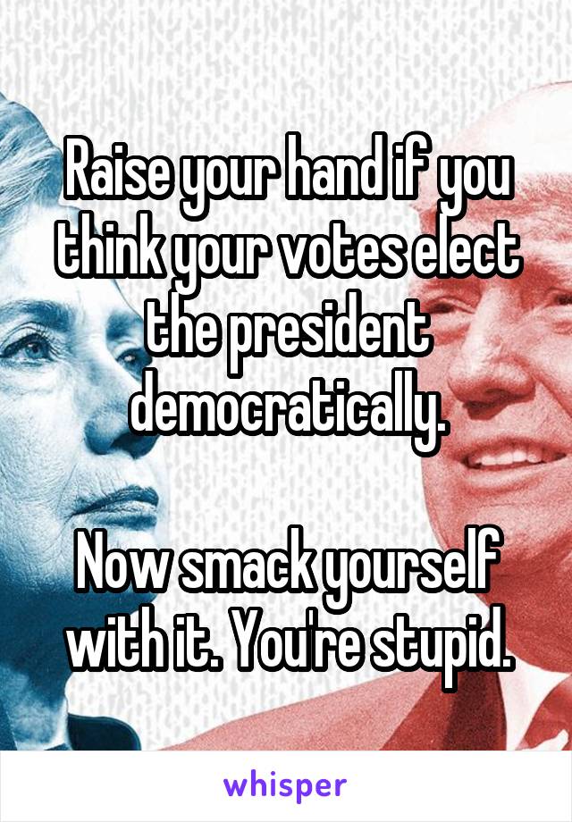 Raise your hand if you think your votes elect the president democratically.

Now smack yourself with it. You're stupid.