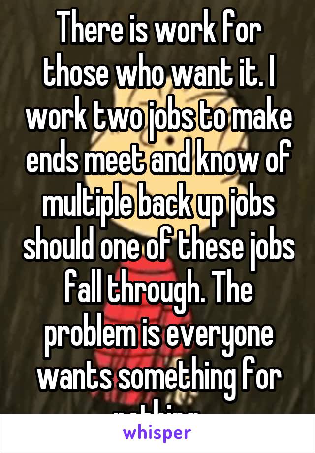 There is work for those who want it. I work two jobs to make ends meet and know of multiple back up jobs should one of these jobs fall through. The problem is everyone wants something for nothing.