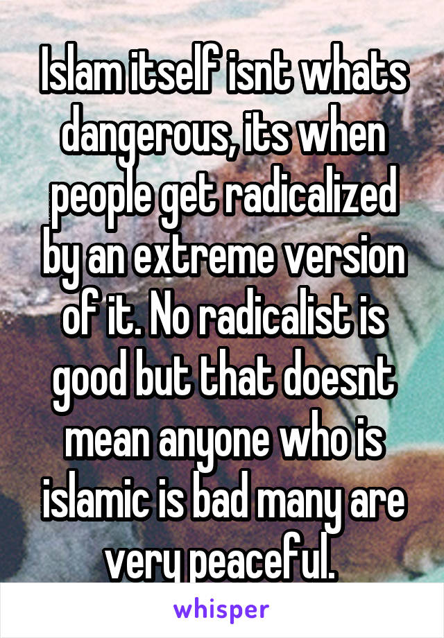 Islam itself isnt whats dangerous, its when people get radicalized by an extreme version of it. No radicalist is good but that doesnt mean anyone who is islamic is bad many are very peaceful. 