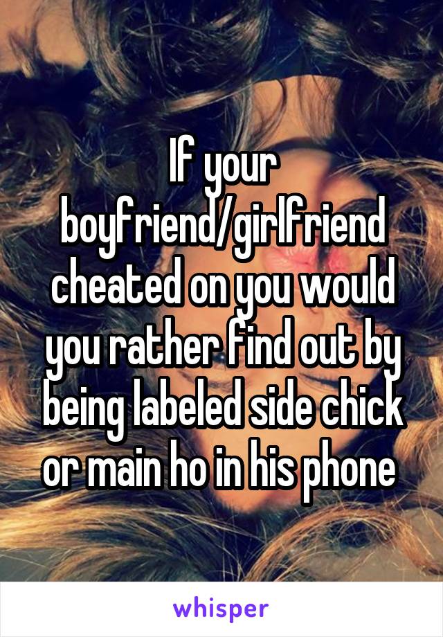 If your boyfriend/girlfriend cheated on you would you rather find out by being labeled side chick or main ho in his phone 