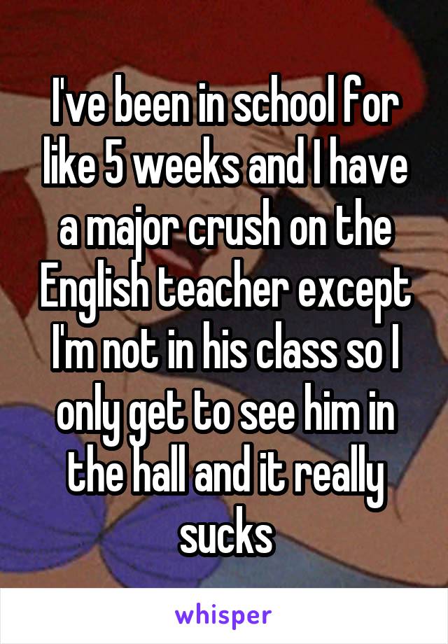 I've been in school for like 5 weeks and I have a major crush on the English teacher except I'm not in his class so I only get to see him in the hall and it really sucks