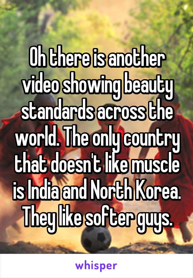 Oh there is another video showing beauty standards across the world. The only country that doesn't like muscle is India and North Korea. They like softer guys.