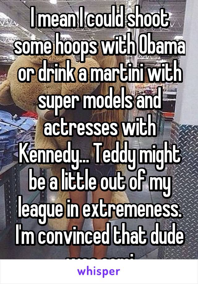 I mean I could shoot some hoops with Obama or drink a martini with super models and actresses with Kennedy... Teddy might be a little out of my league in extremeness. I'm convinced that dude was semi