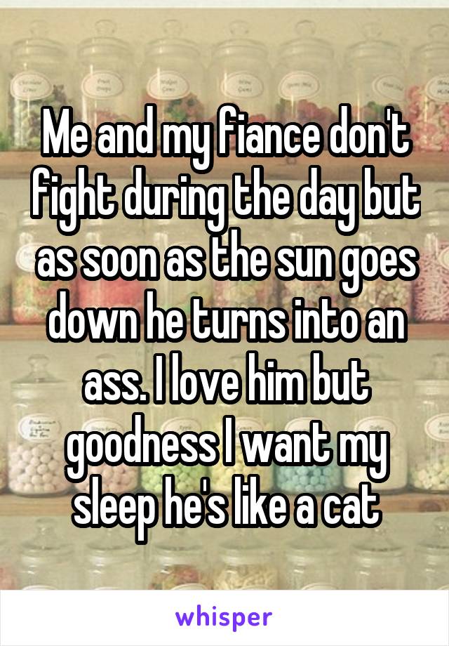 Me and my fiance don't fight during the day but as soon as the sun goes down he turns into an ass. I love him but goodness I want my sleep he's like a cat