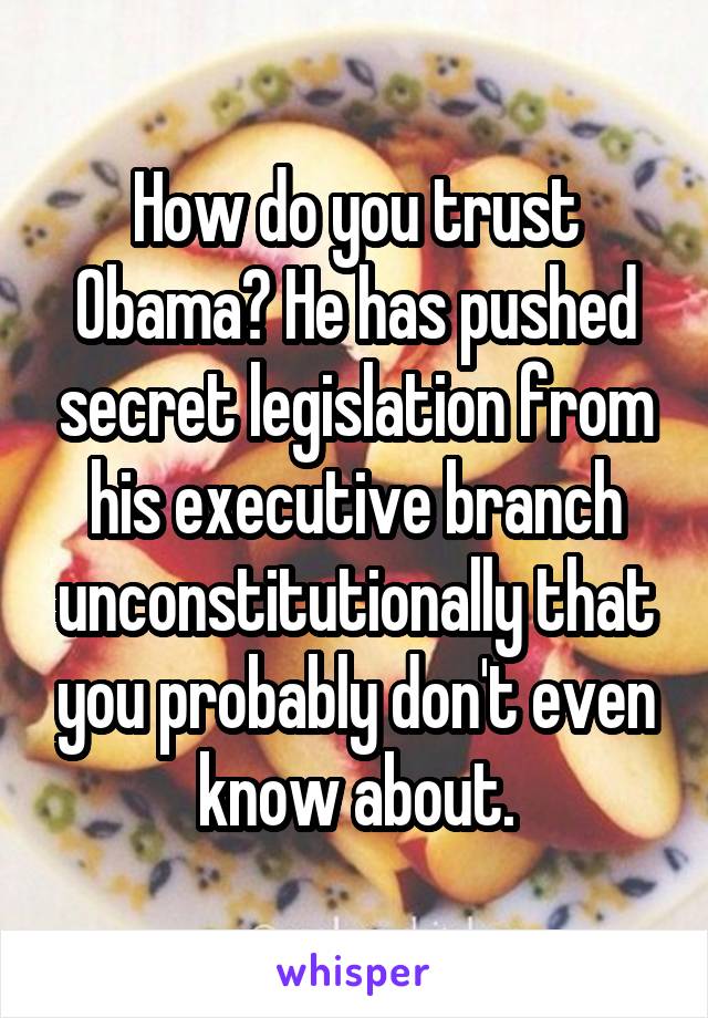 How do you trust Obama? He has pushed secret legislation from his executive branch unconstitutionally that you probably don't even know about.