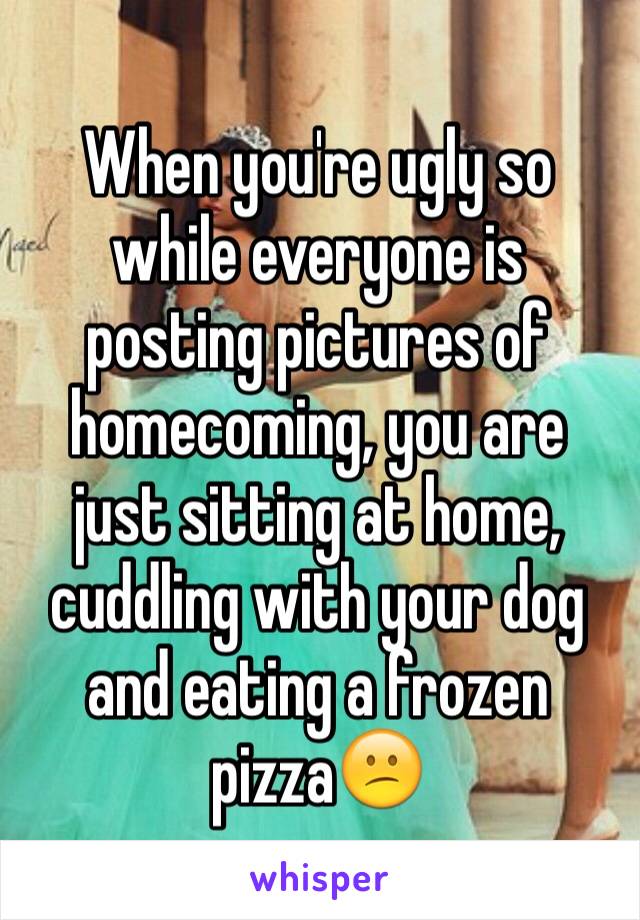 When you're ugly so while everyone is posting pictures of homecoming, you are just sitting at home, cuddling with your dog and eating a frozen pizza😕